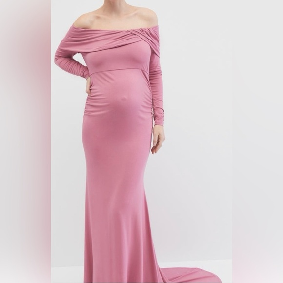 NWOT Motherhood Maternity Off-The-Shoulder Pink Maternity Dress Photoshoot Gown - Picture 2 of 9
